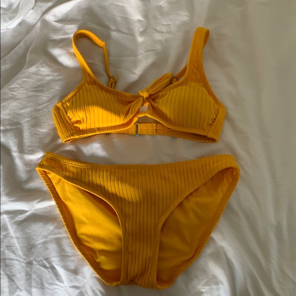 yellow ribbed bikini top and bottom